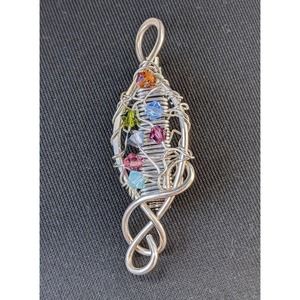 Handmade handcrafted wirework silver tone brooch colorful Stones
